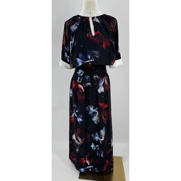 Julia Allert Black Maxi Long Dress Red Blue Fish White Collar Large NWT - Picture 4 of 13
